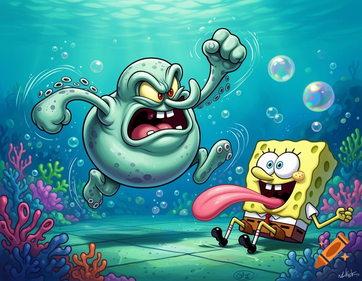 An angry, green, octopus-like creature with a raised fist faces a happy Spongebob Squarepants licking the seabed, in a cartoon style.