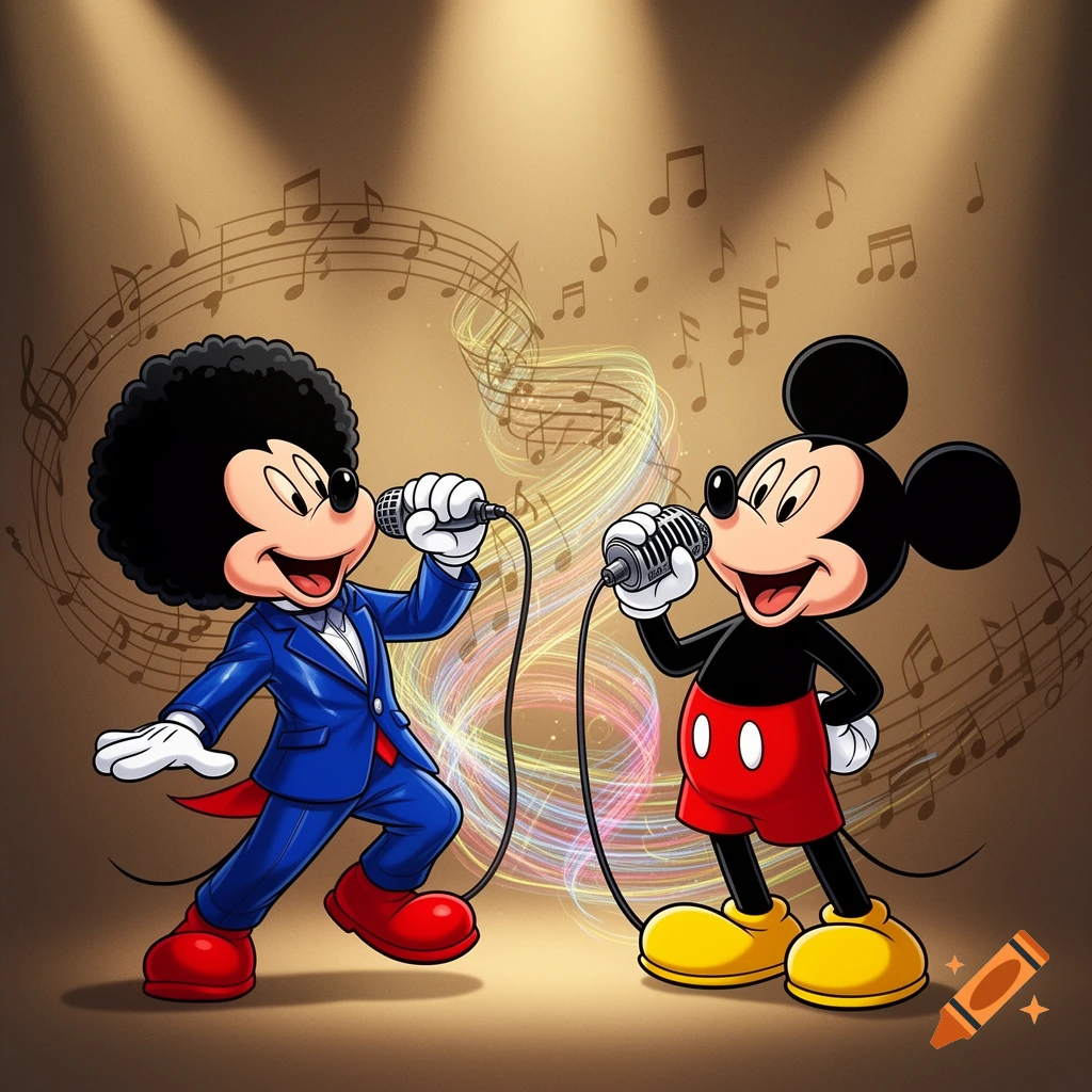 Two cartoon Mickey Mouse characters, one with an afro and blue suit, the other classic Mickey, sing into microphones on stage.