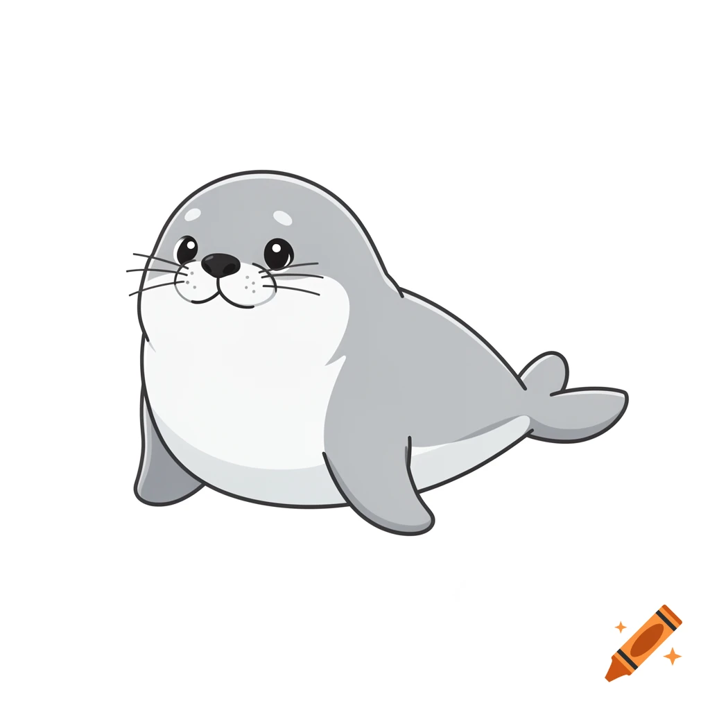A cute, chubby, minimalist cartoon seal with gray and white fur, lying on a plain background.