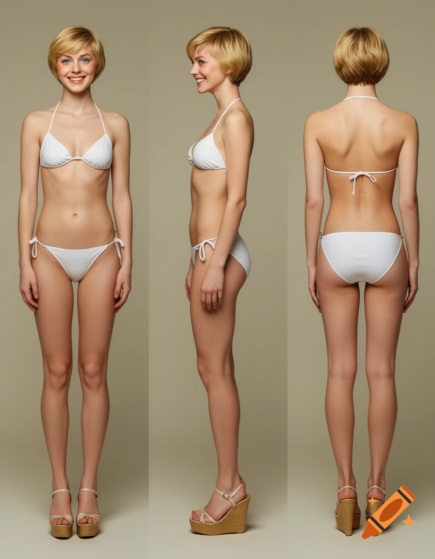 Photorealistic reference image of a blonde woman in a white bikini, shown front, side, and back views on a neutral background.
