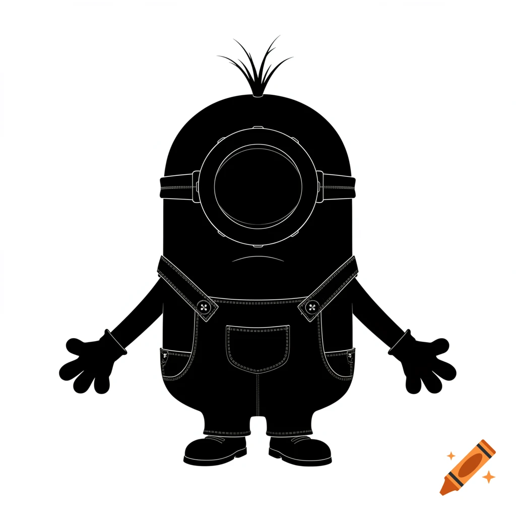 A black silhouette of a Minion character with white outline details, wearing goggles and overalls, arms outstretched in a welcoming gesture.