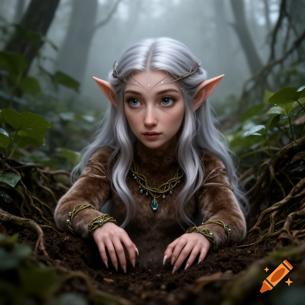 A fantasy elf-like creature with silver hair, pointed ears, and furry brown clothes emerges from a hole in the ground in a misty forest.