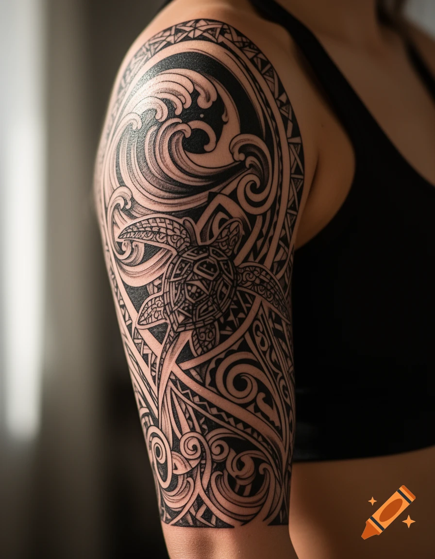 Close-up of a detailed black Polynesian-style sleeve tattoo on an arm, featuring a sea turtle amidst waves.