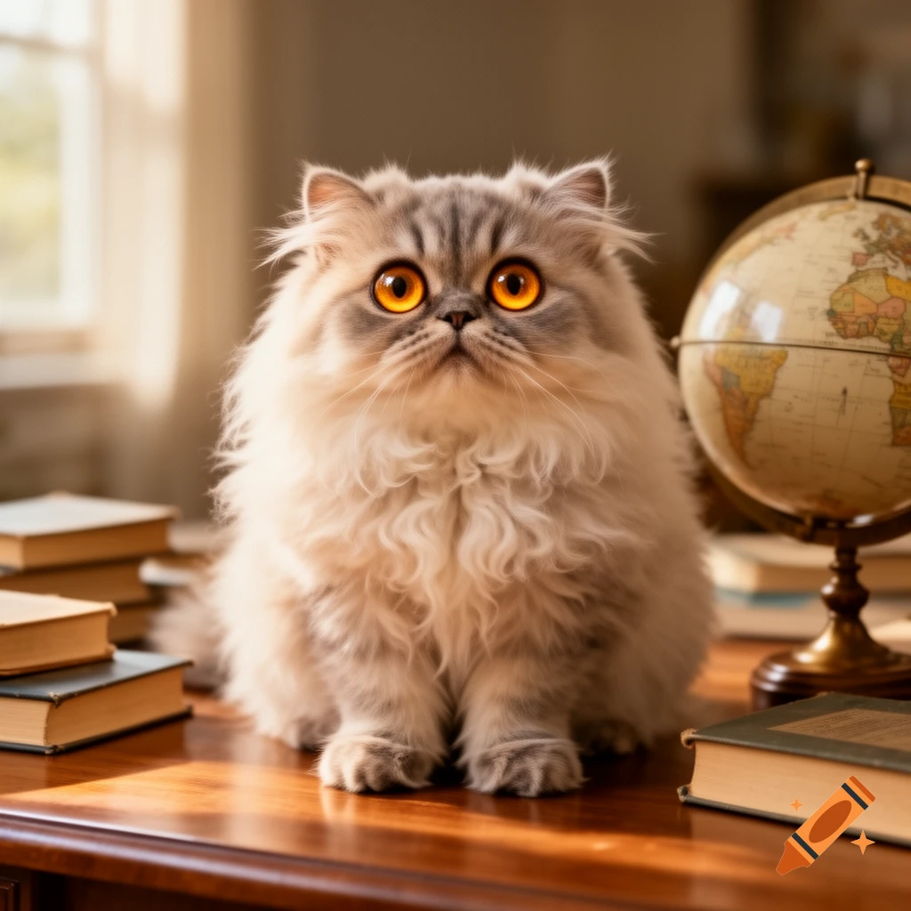 A fluffy Persian cat with large, glowing orange eyes sits on a wooden desk next to stacked books and a vintage globe.