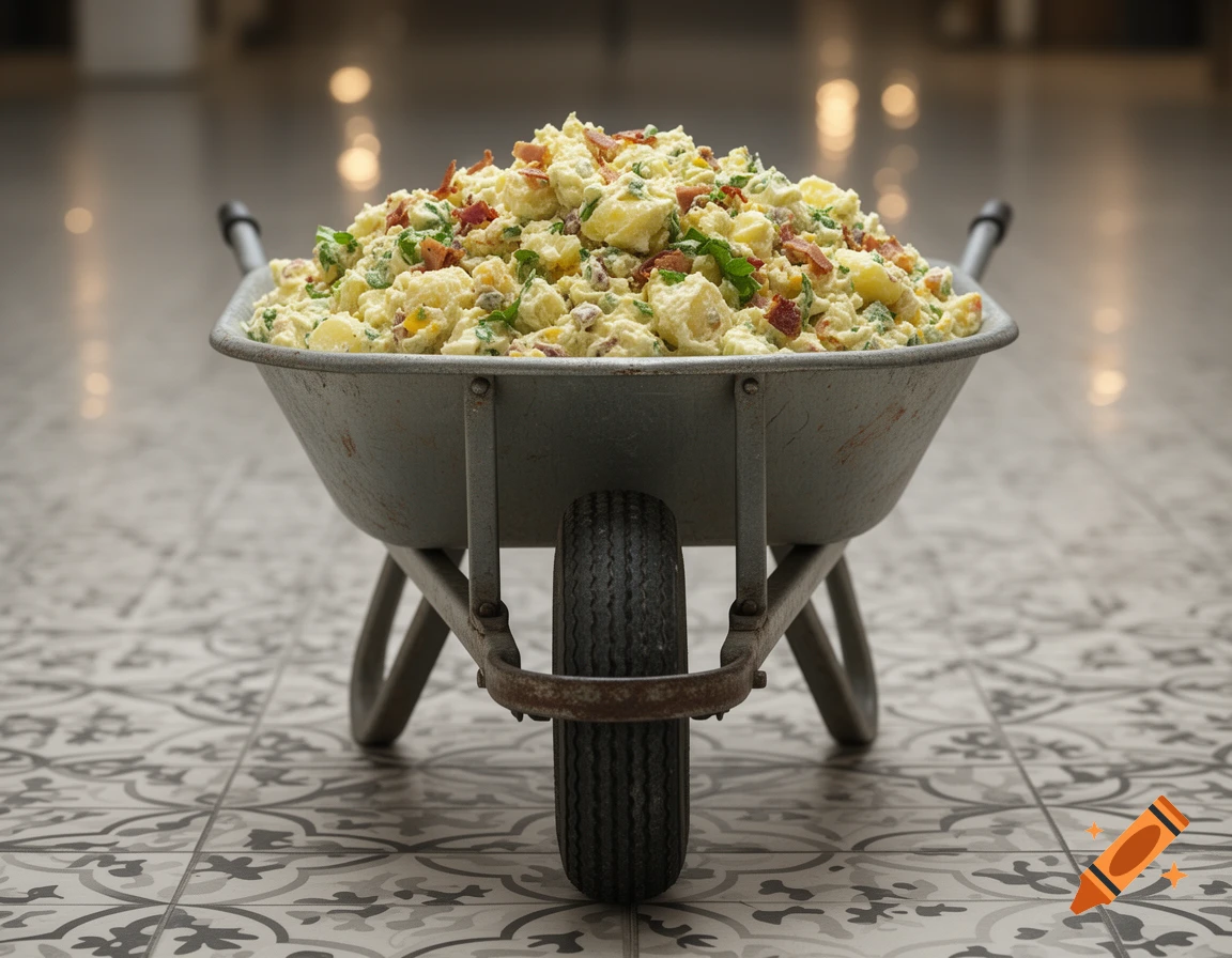A rustic wheelbarrow overflowing with creamy potato salad, garnished with bacon bits and fresh green herbs, resting on a patterned tiled floor.