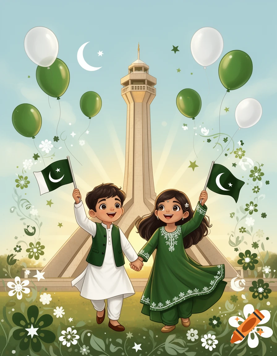 Cartoon illustration of two children holding Pakistan flags in front of Minar-e-Pakistan monument with balloons and flowers.
