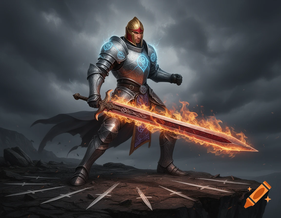 A powerful knight in ornate armor with glowing symbols wields a flaming greatsword on a rocky cliff under a stormy sky, with swords embedded in the ground.