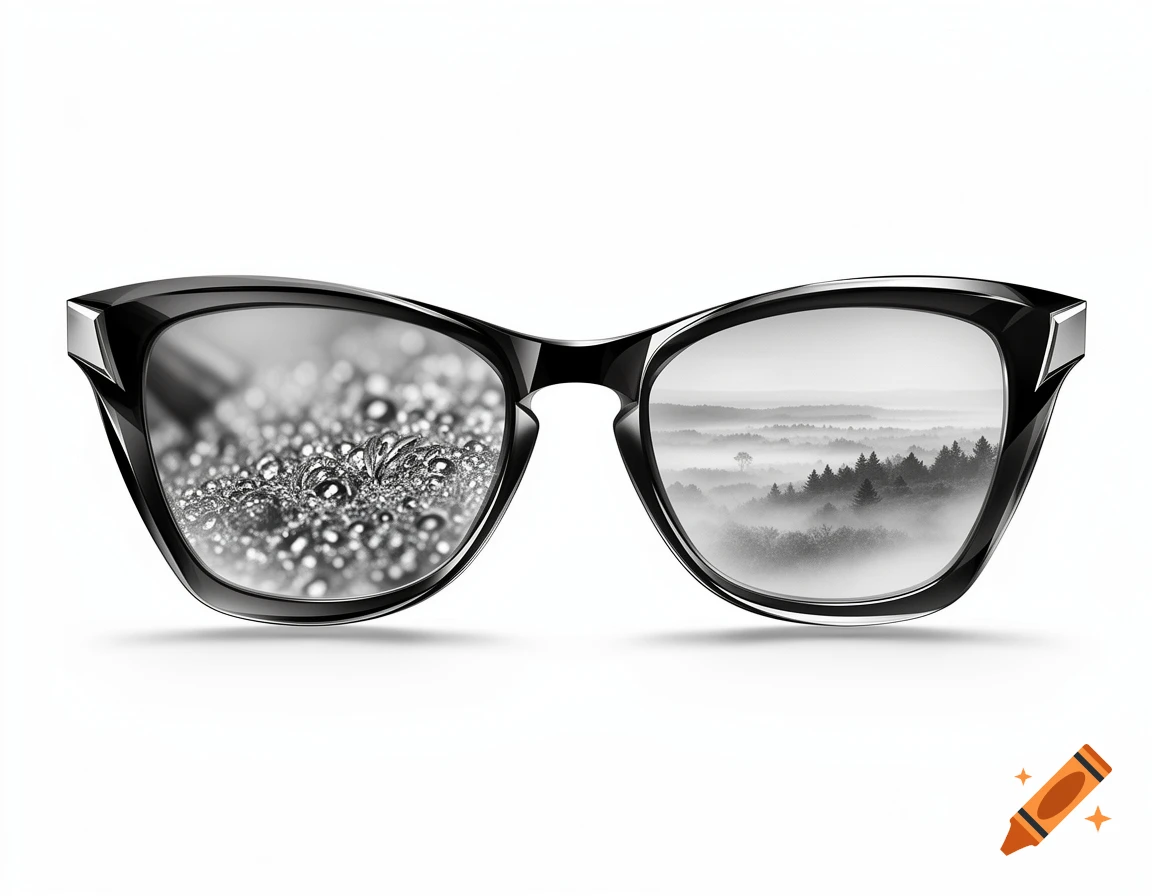 Black-framed glasses showing abstract metallic bubbles in the left lens and a foggy forest in the right, all in monochrome.