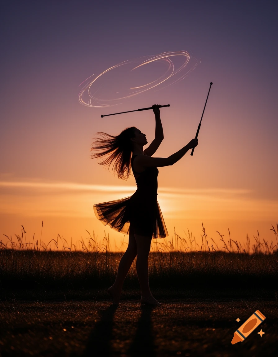 Silhouette of a woman twirling batons with light trails against a vibrant sunset sky in a field.
