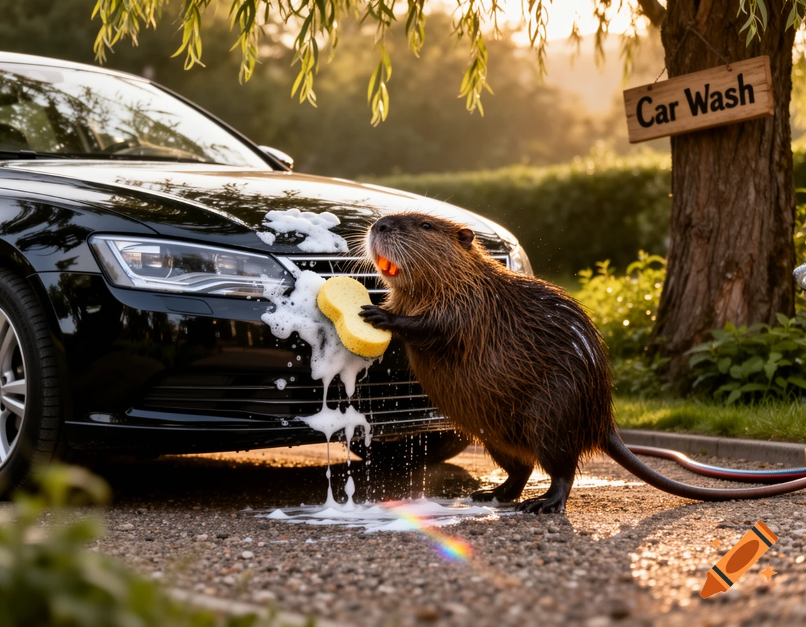 A photorealistic nutria washes a black car with a yellow sponge and suds at sunset, with a Car Wash sign on a tree.