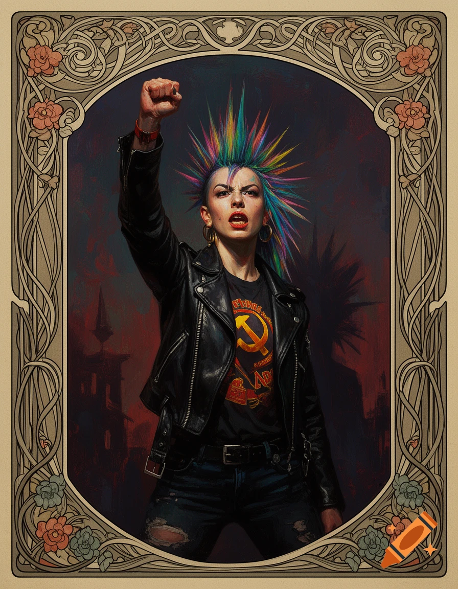 A female punk with a colorful mohawk and raised fist, wearing a leather jacket and a t-shirt with a hammer and sickle symbol, framed by an Art Nouveau border.