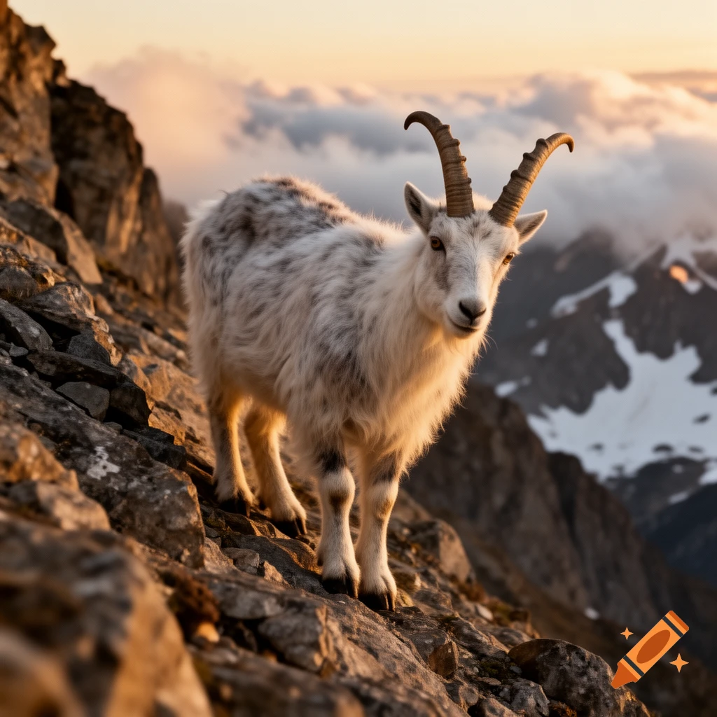 A white mountain goat with horns stands on a rocky slope, backlit by a sunset sky over cloudy peaks.