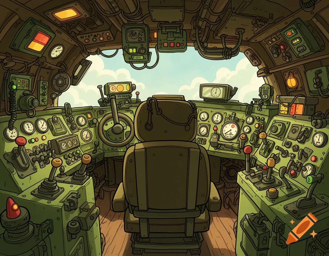 Cartoon style illustration of a detailed, olive-green military vehicle cockpit with numerous dials, levers, and screens. A pilot's seat faces forward.