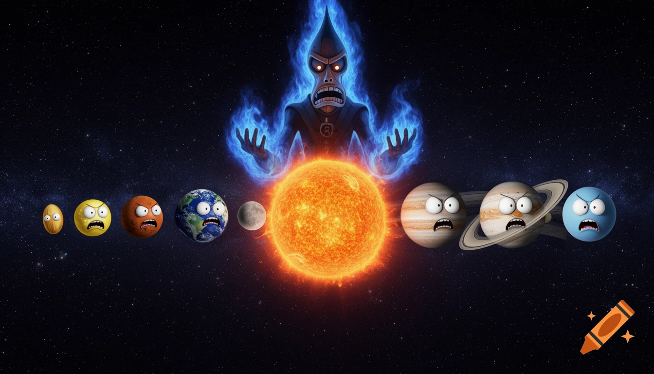 Frightened cartoon planets and the Sun are overshadowed by a menacing blue fiery character in a starry space.