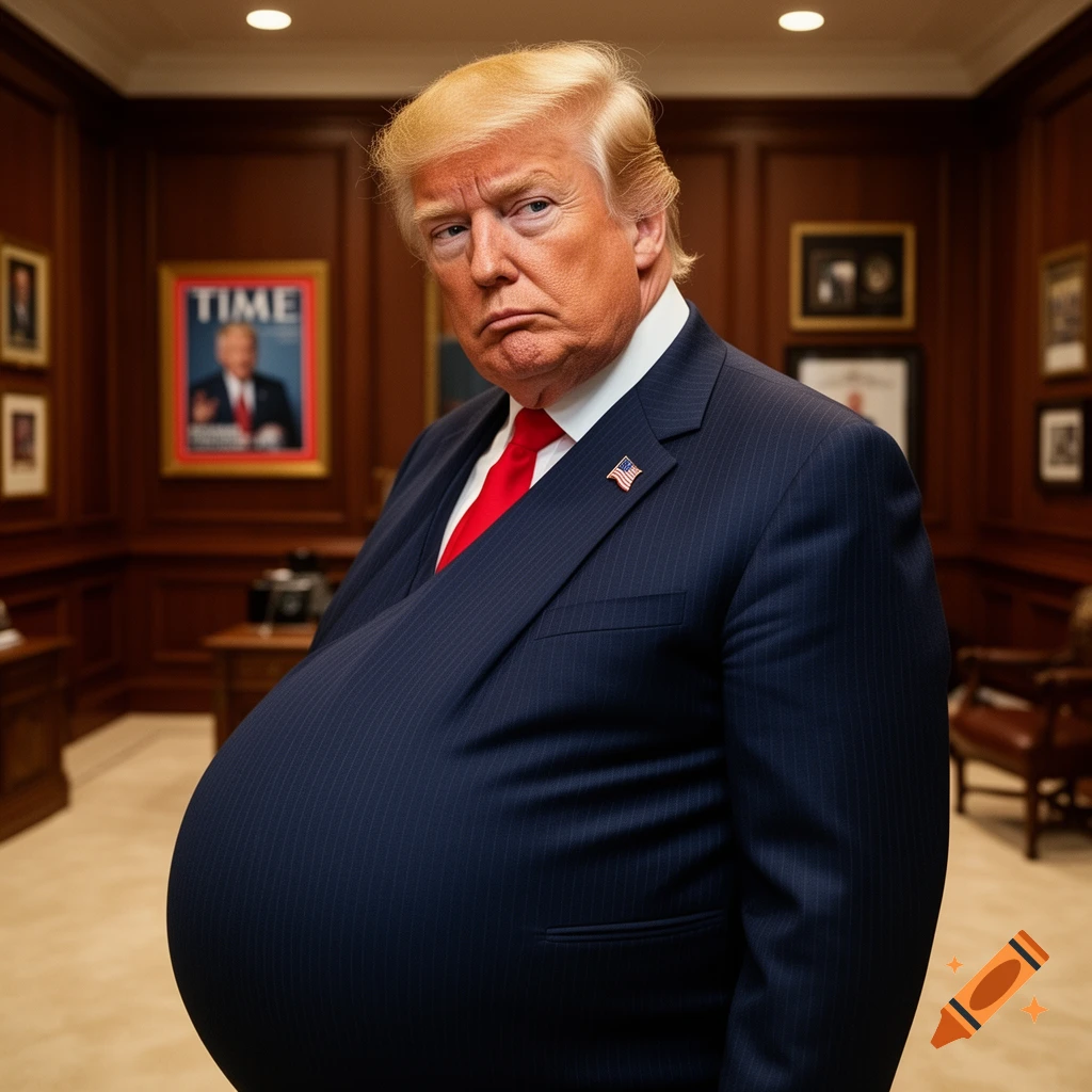 Donald Trump in a suit with a large, pregnant-like belly, standing in an office with a blurred Time magazine cover in the background.