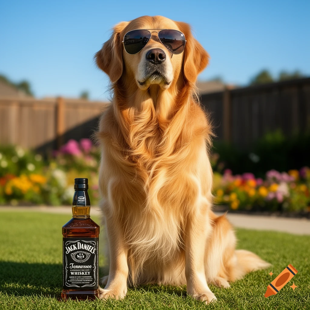 A photorealistic Golden Retriever wearing aviator sunglasses sits next to a bottle of Jack Daniel's whiskey on a sunny green lawn.