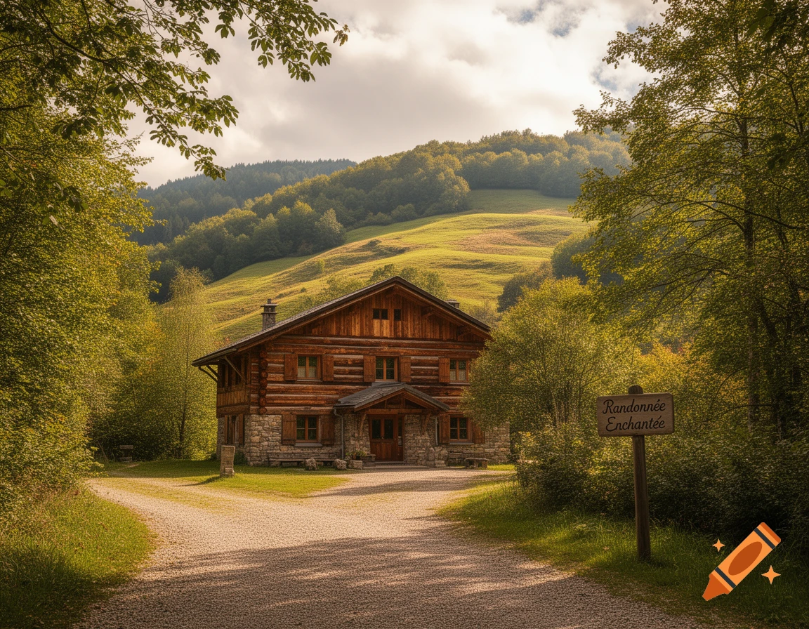 A rustic wooden log cabin with a stone base sits at the end of a gravel path, surrounded by lush green hills and trees under a cloudy sky. A wooden sign reads "Randonn es Enchant e".