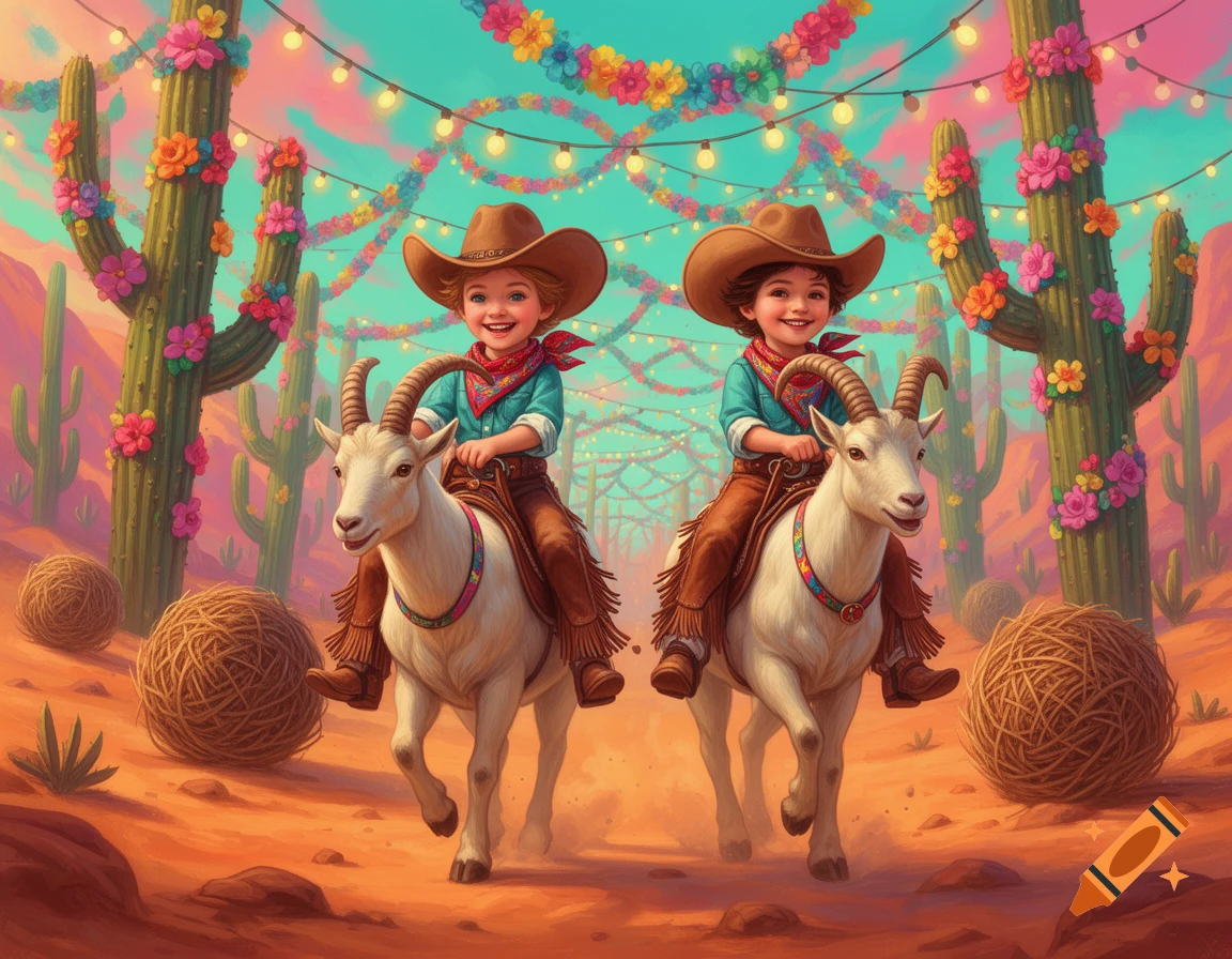 Two smiling children in cowboy hats ride goats through a vibrant, festive desert with flower-decorated cacti and string lights.