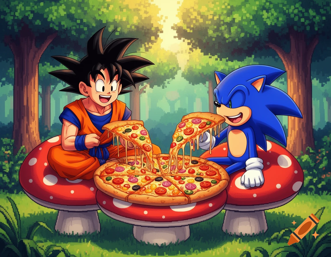 Cartoon of Goku and Sonic eating pizza together on red mushrooms in a pixelated forest.