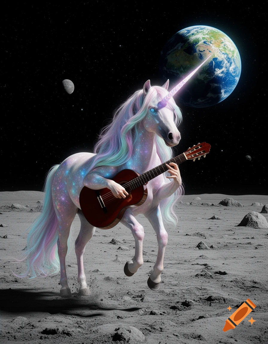 A sparkling unicorn with a rainbow mane and glowing horn plays a classical guitar on the moon, with Earth visible.