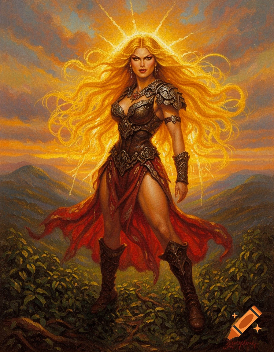 A powerful woman with long, glowing blonde hair, in fantasy armor and a red skirt, stands against a sunset and mountains in an oil painting.