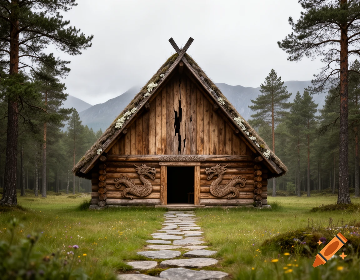 A rustic photorealistic Viking longhouse with a mossy roof and dragon carvings, in a grassy clearing with a stone path, surrounded by pine trees and misty mountains.