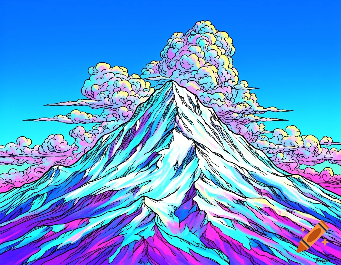 A vibrant pop-art illustration of a snow-covered mountain with colorful pastel clouds in a psychedelic style.
