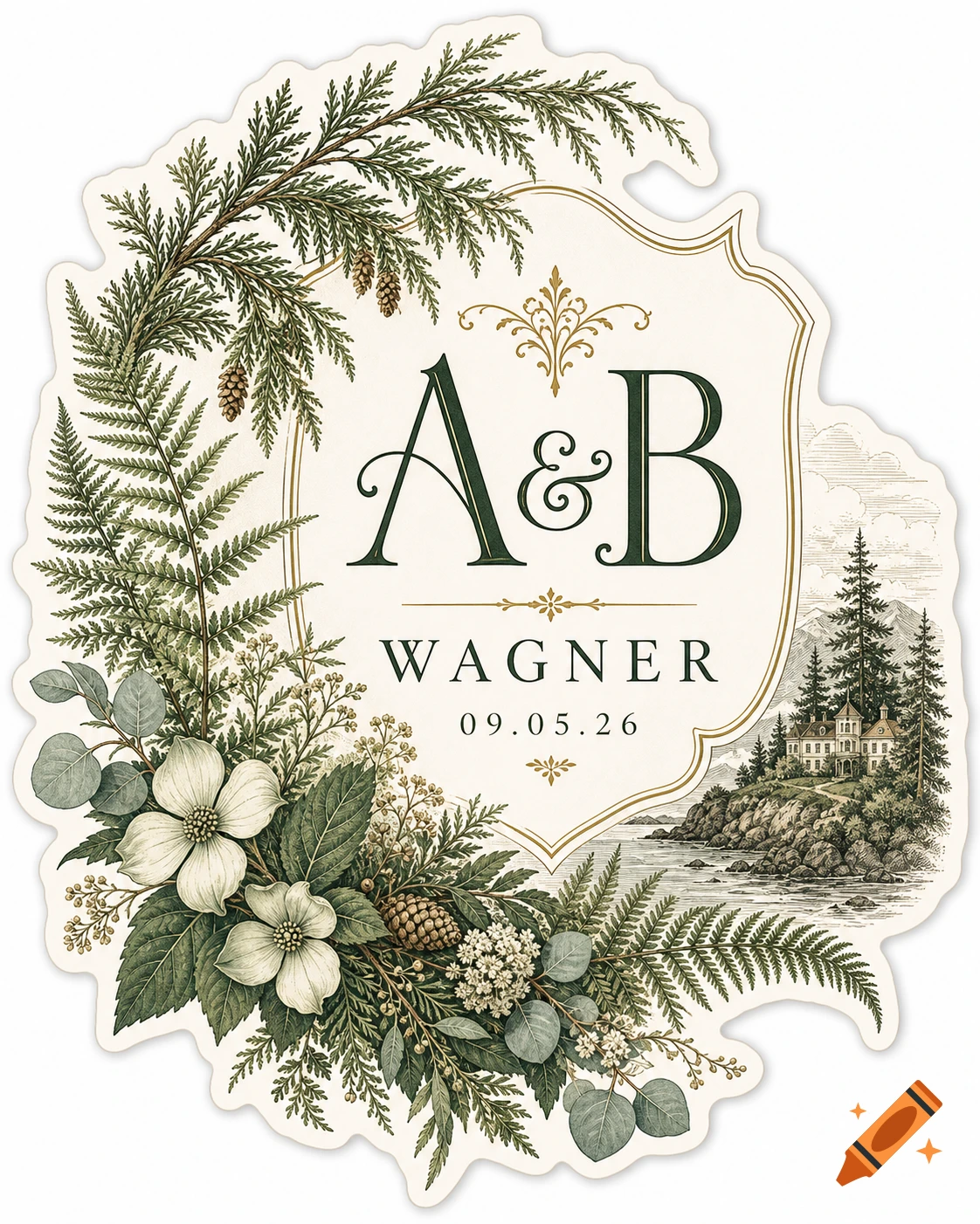 Elegant vintage botanical wedding emblem with A & B WAGNER 09.05.26, framed by Pacific Northwest greenery and a scenic coastal estate.