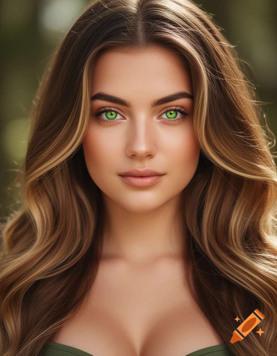 Photorealistic portrait of a young woman with long wavy brown hair, blonde highlights, and striking green eyes, wearing a green top.