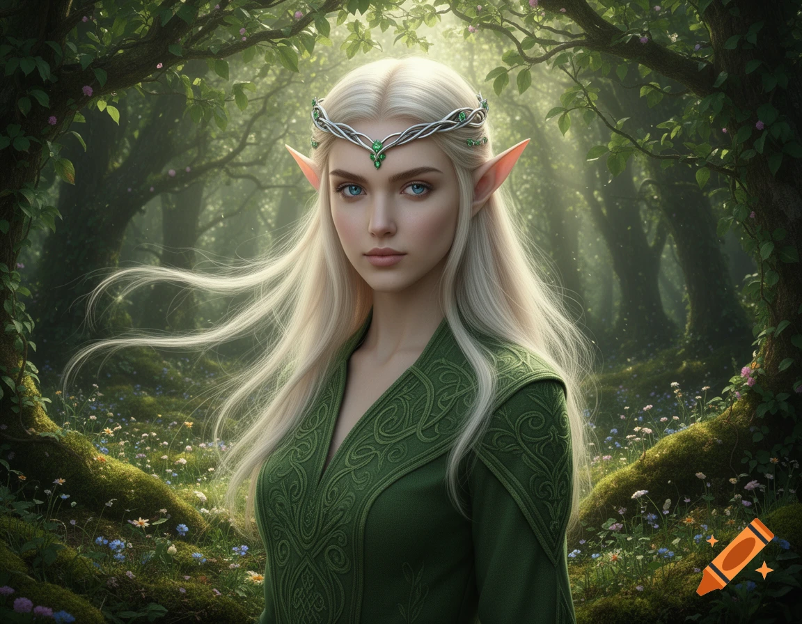 A beautiful female elf with long blonde hair and blue eyes, wearing a green tunic and a silver circlet, stands in a lush, mystical forest.