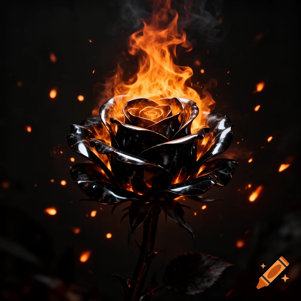 A dark fantasy digital art image of a black metallic rose engulfed in orange flames, with glowing embers floating in a dark, dramatic atmosphere.