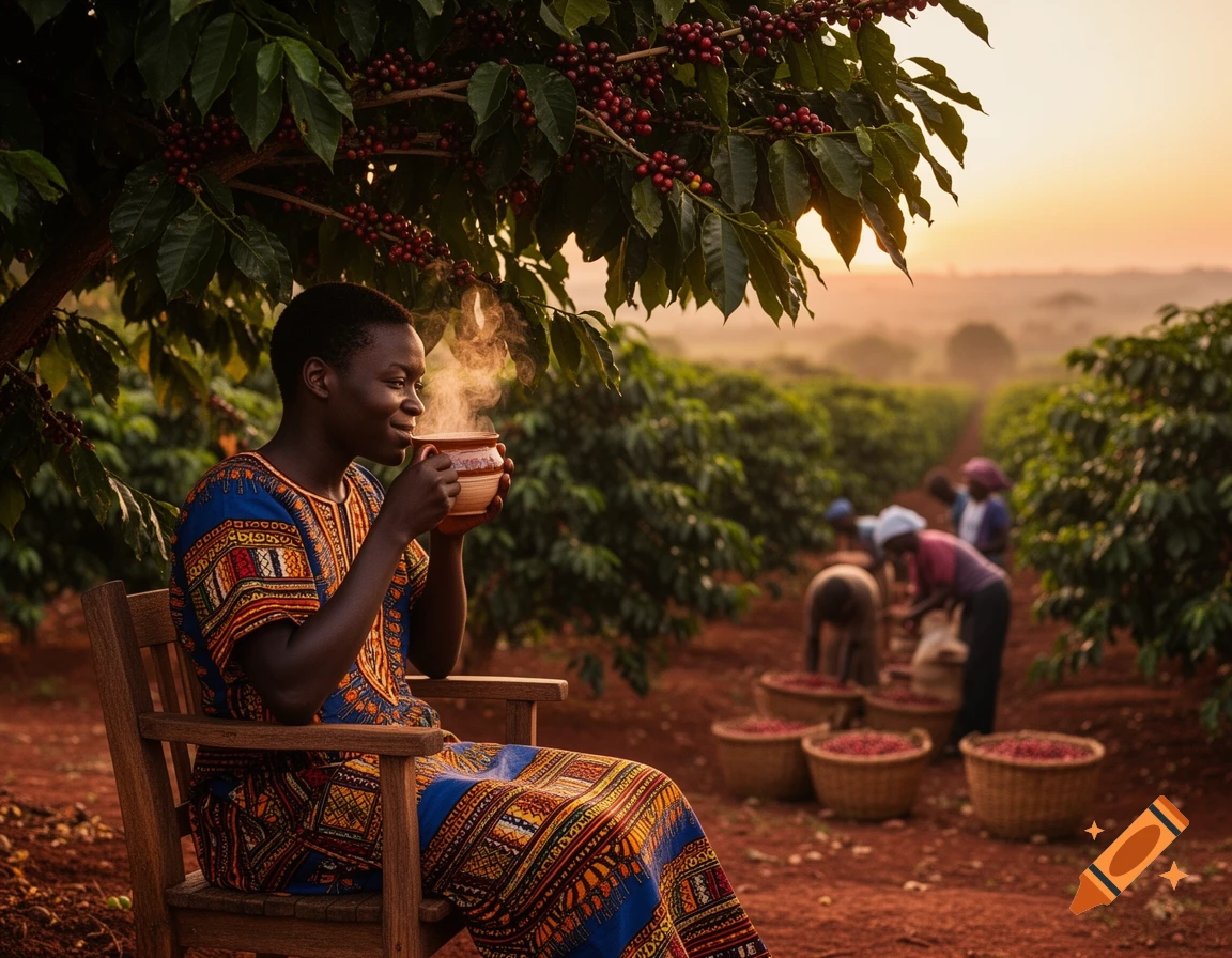 A person in a colorful dress sips steaming coffee under a branch laden with red coffee berries, overlooking a sunlit plantation with workers.