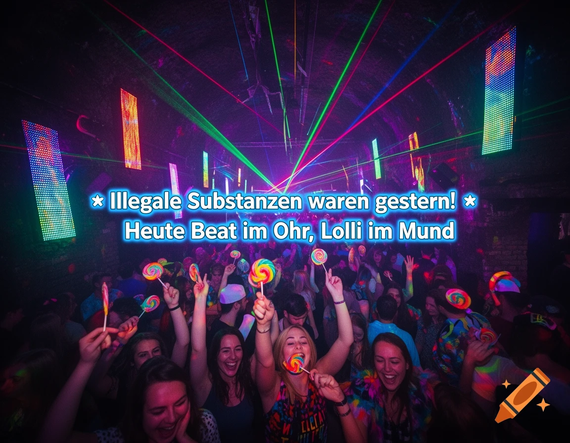 A vibrant rave scene with young people dancing and holding lollipops. Neon lights and lasers illuminate the dark club, with text above.