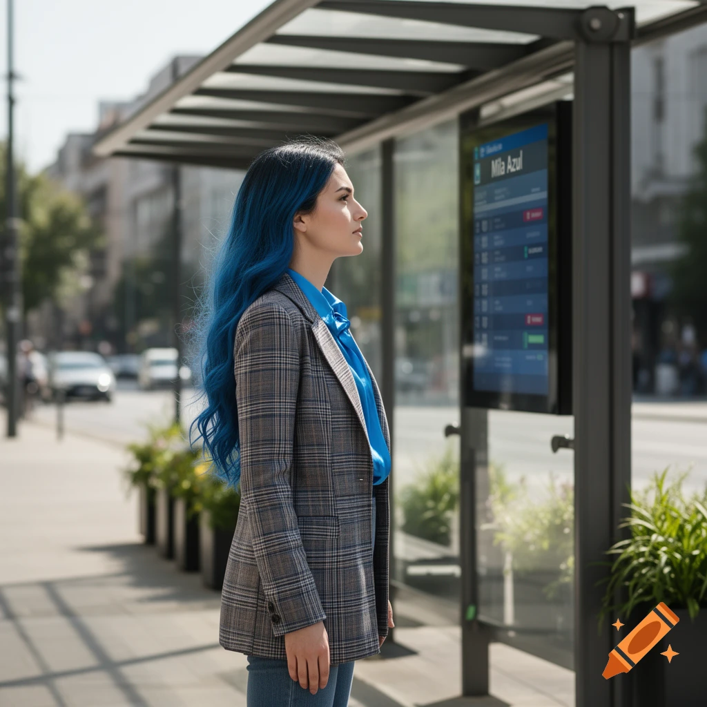 A woman with long blue hair and a plaid blazer stands at a bus stop, looking at the information screen.