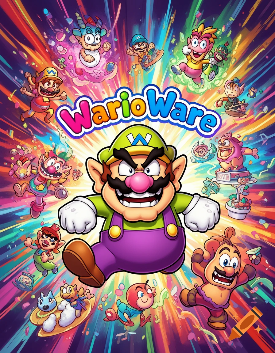 Wario and numerous colorful WarioWare characters pop out from a vibrant, rainbow explosion background with the game title.
