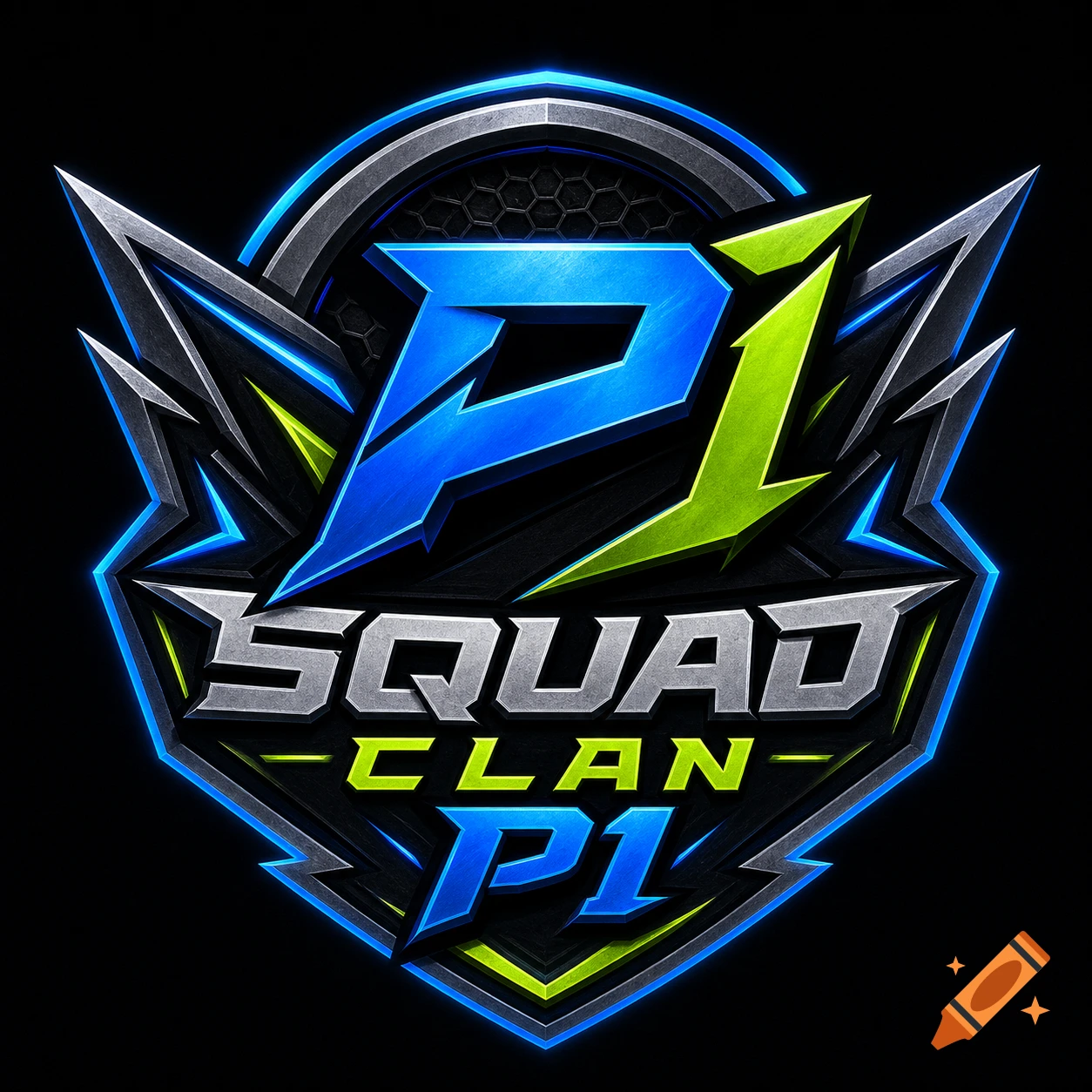 A stylized esports logo featuring a shield design with metallic textures, blue and green glowing accents, and the text "P1 SQUAD CLAN P1".