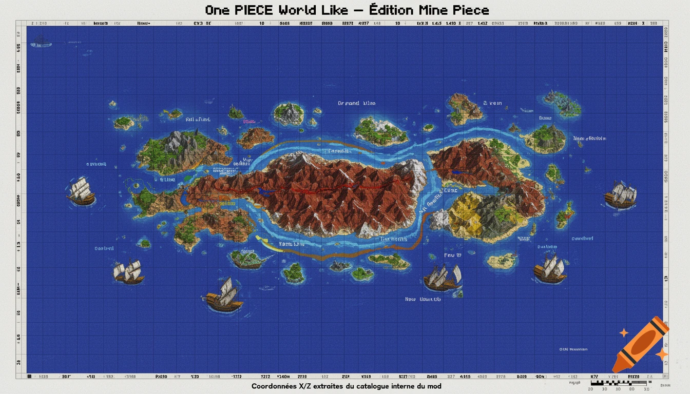 A detailed, technical-style fantasy map of a world like One Piece, featuring a large central landmass, smaller islands, and multiple ships on a grid-lined blue ocean.