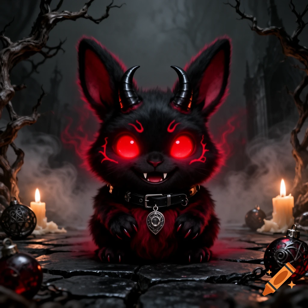 A black fluffy demon bunny with glowing red eyes, small horns, fangs, and a gothic collar, sitting in a dark, foggy gothic forest with candles and twisted branches.