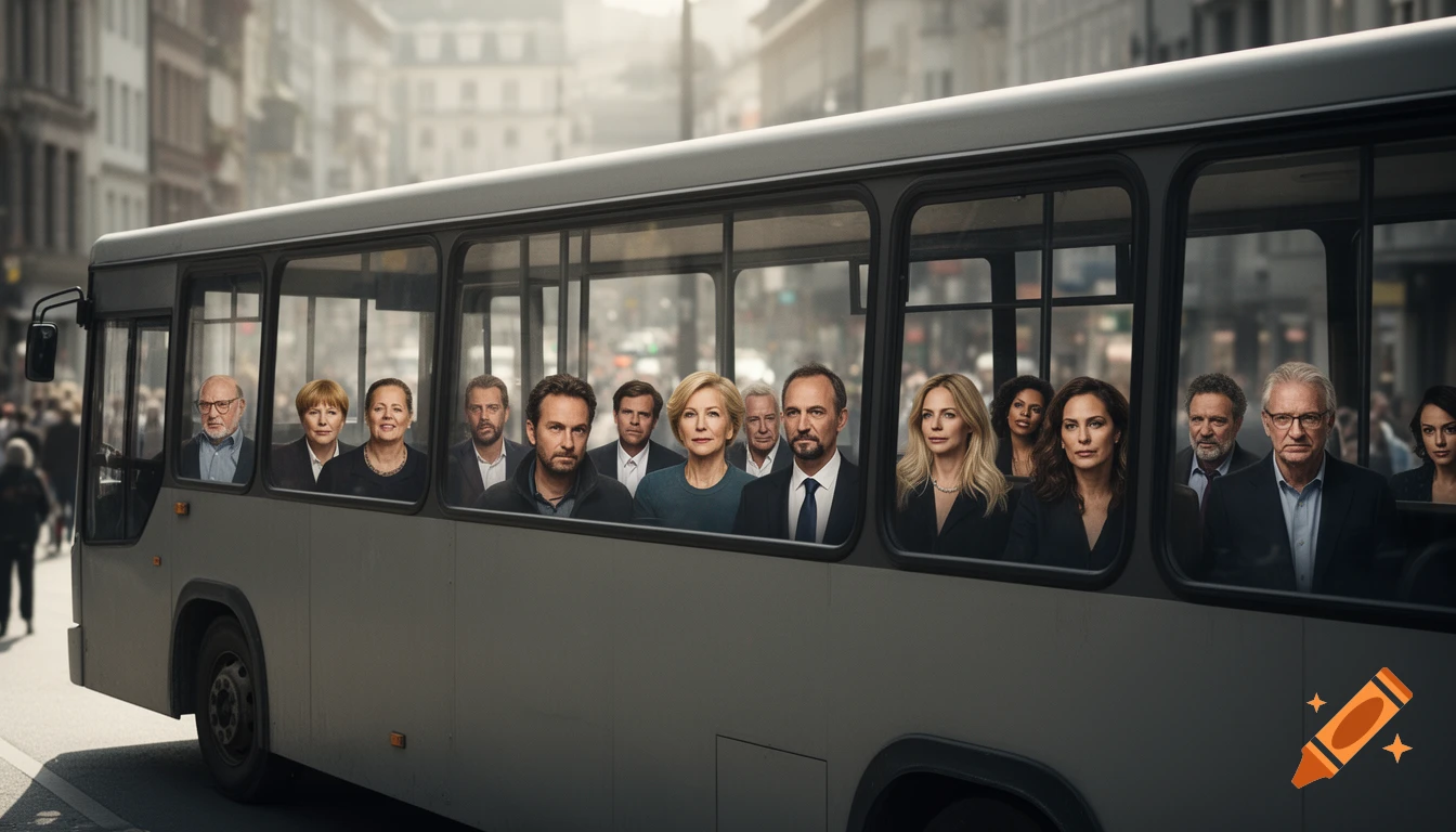 A group of well-dressed people, some resembling known public figures, look out from the windows of a grey bus on a city street.