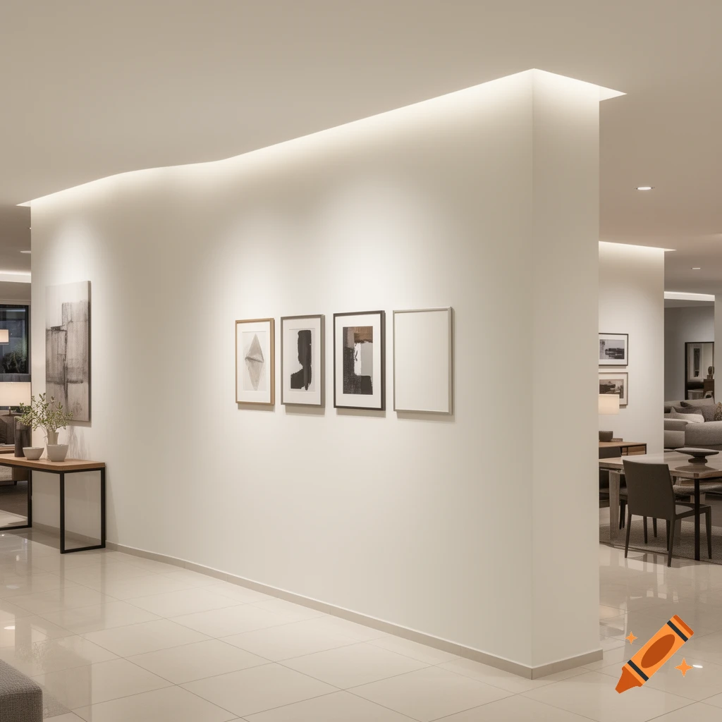 A bright, modern hallway with abstract art on a white wall and a glimpse into another room with furniture.