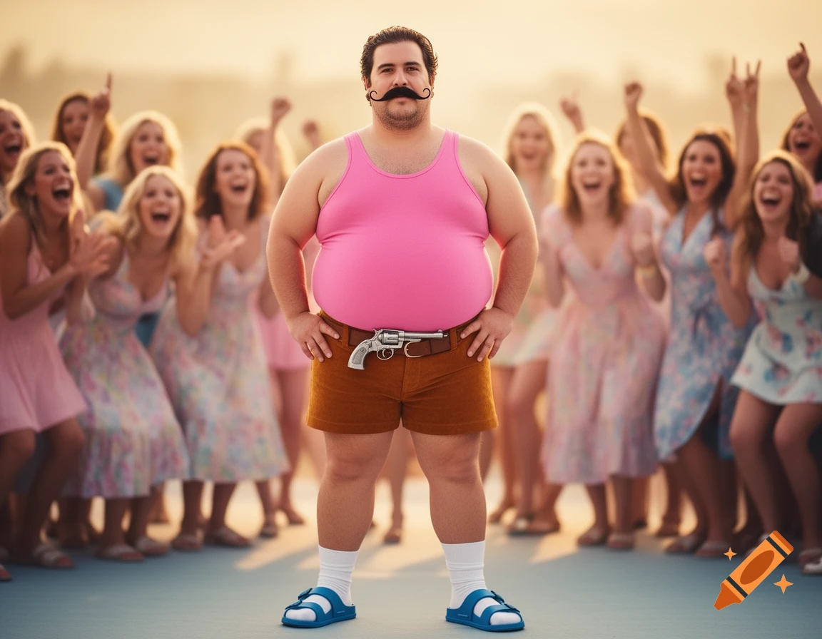 A man with a large belly and a handlebar mustache, wearing a pink tank top, brown shorts, blue sandals, and a revolver belt buckle, stands confidently while a crowd of cheering women celebrates him in the background.