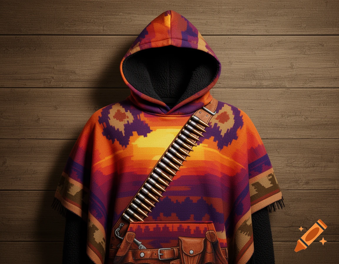 A colorful poncho hoodie featuring an orange, purple, and yellow sunset-like pattern, adorned with a bandolier of bullets, against a wooden plank background.