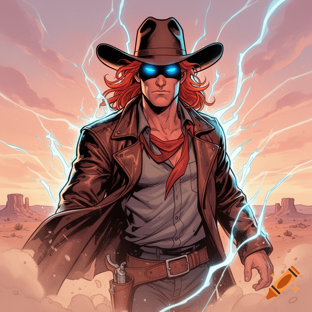 Red-haired cowboy with glowing blue eyes in a brown hat and jacket, surrounded by lightning in a desert, comic book style.