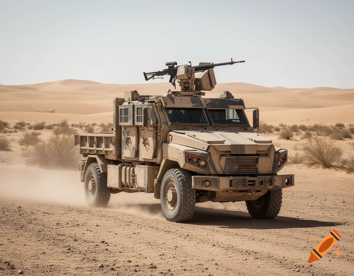 A tan military truck with a mounted machine gun drives through a dusty desert landscape with sand dunes in the background.