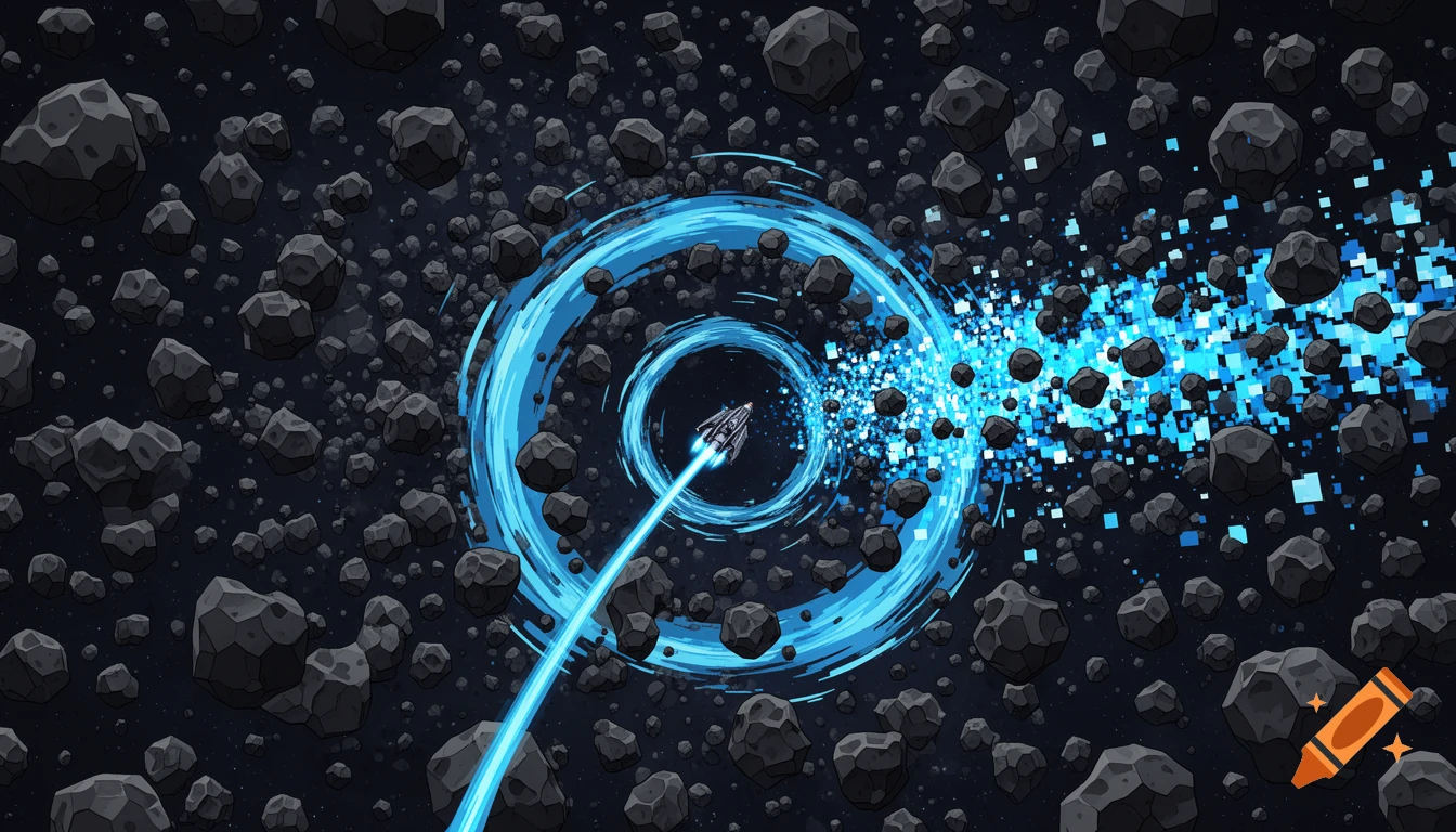 Top-down view of a spaceship blasting through a dense asteroid field, creating a glowing blue shockwave and pixelated energy shards, in vector illustration style.