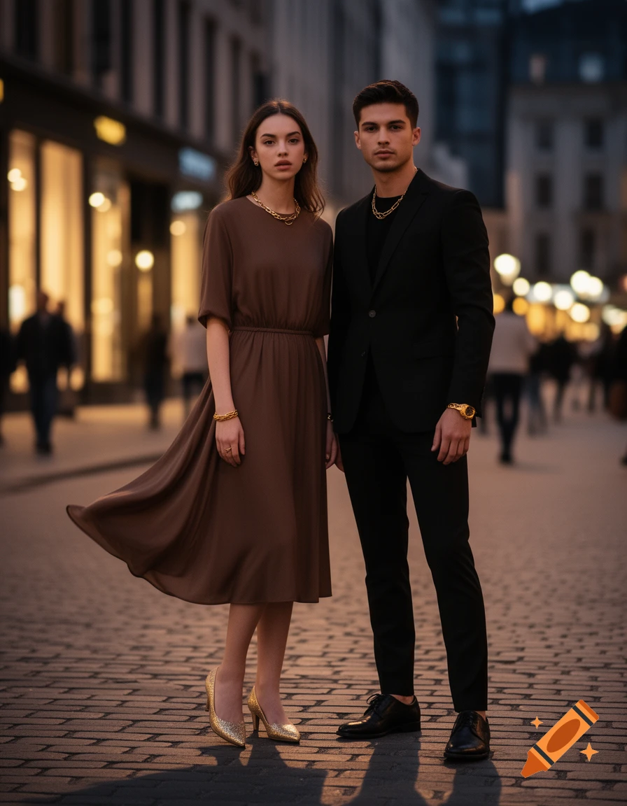 A stylish couple stands on a cobblestone street at dusk. The woman wears a brown dress and gold heels, the man a black suit and gold accessories.