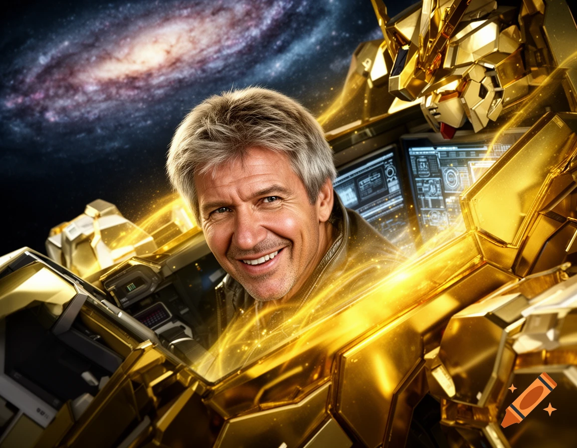 Harrison Ford smiles confidently from a golden mech cockpit in space, radiating energy.
