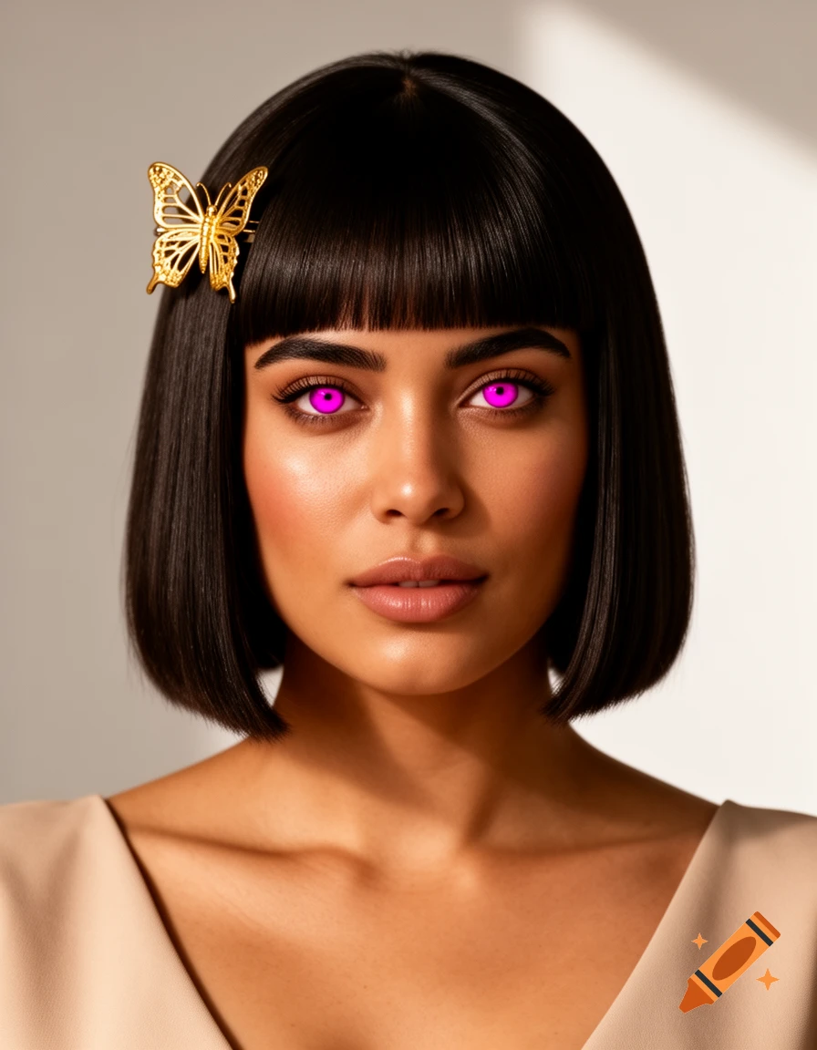 Photorealistic portrait of a woman with a black bob, bangs, a golden butterfly clip, and striking magenta eyes.