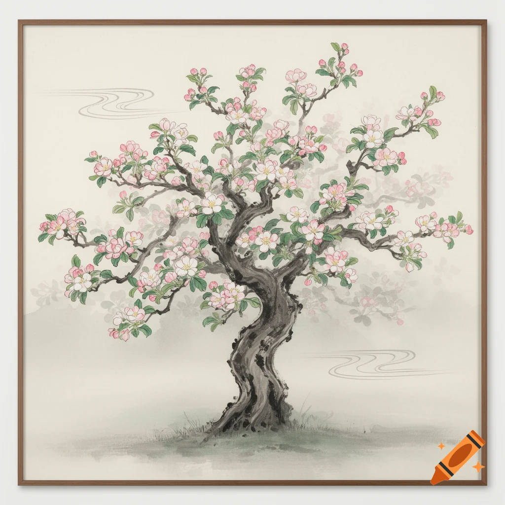 Japanese ink wash painting of a blooming apple blossom tree with pink and white flowers on gnarled branches, against a misty background.
