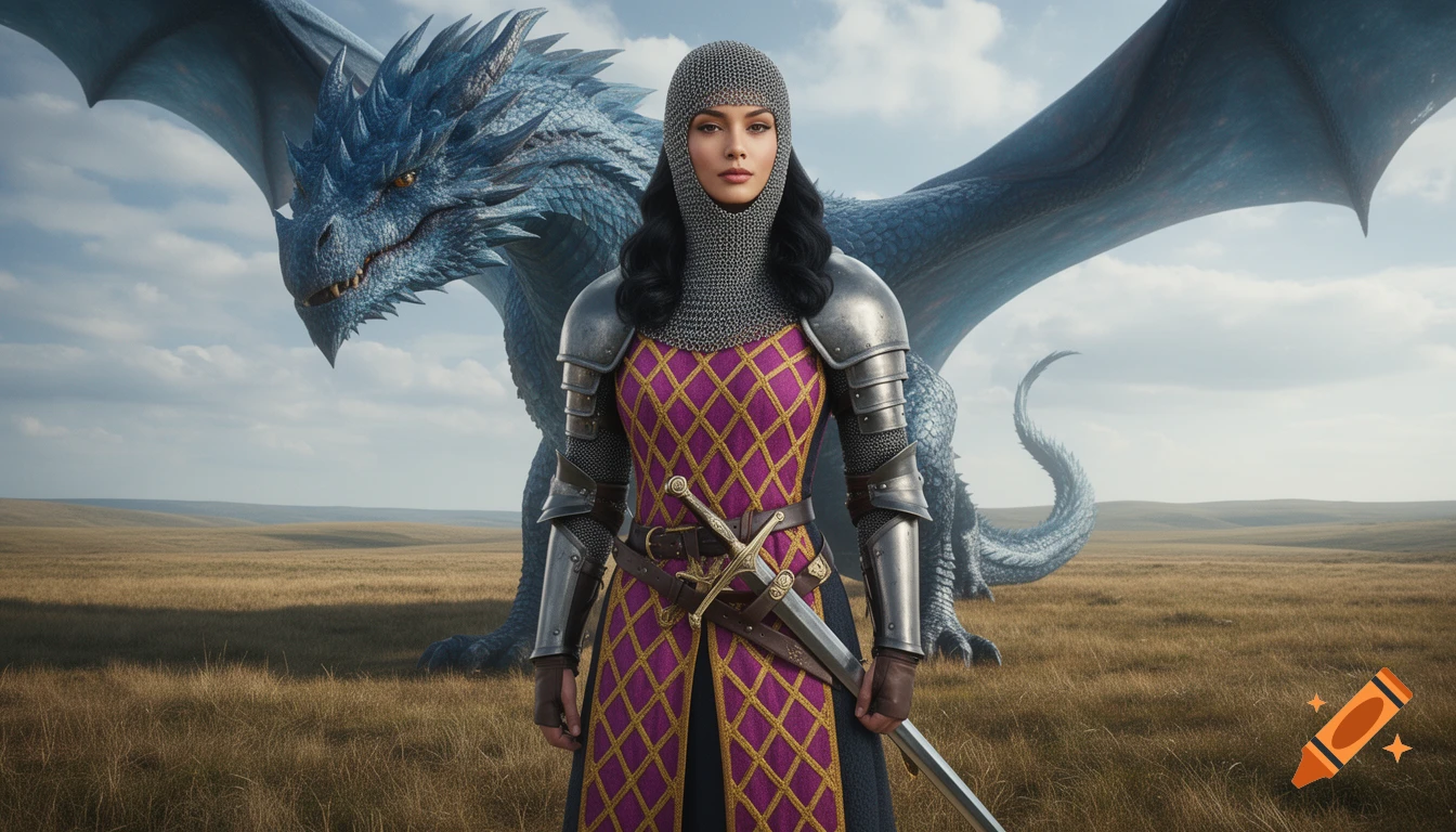 A knightly woman in chainmail and a magenta surcoat with a golden rhombus pattern, holding a sword, stands before a majestic blue dragon in a wide plain.